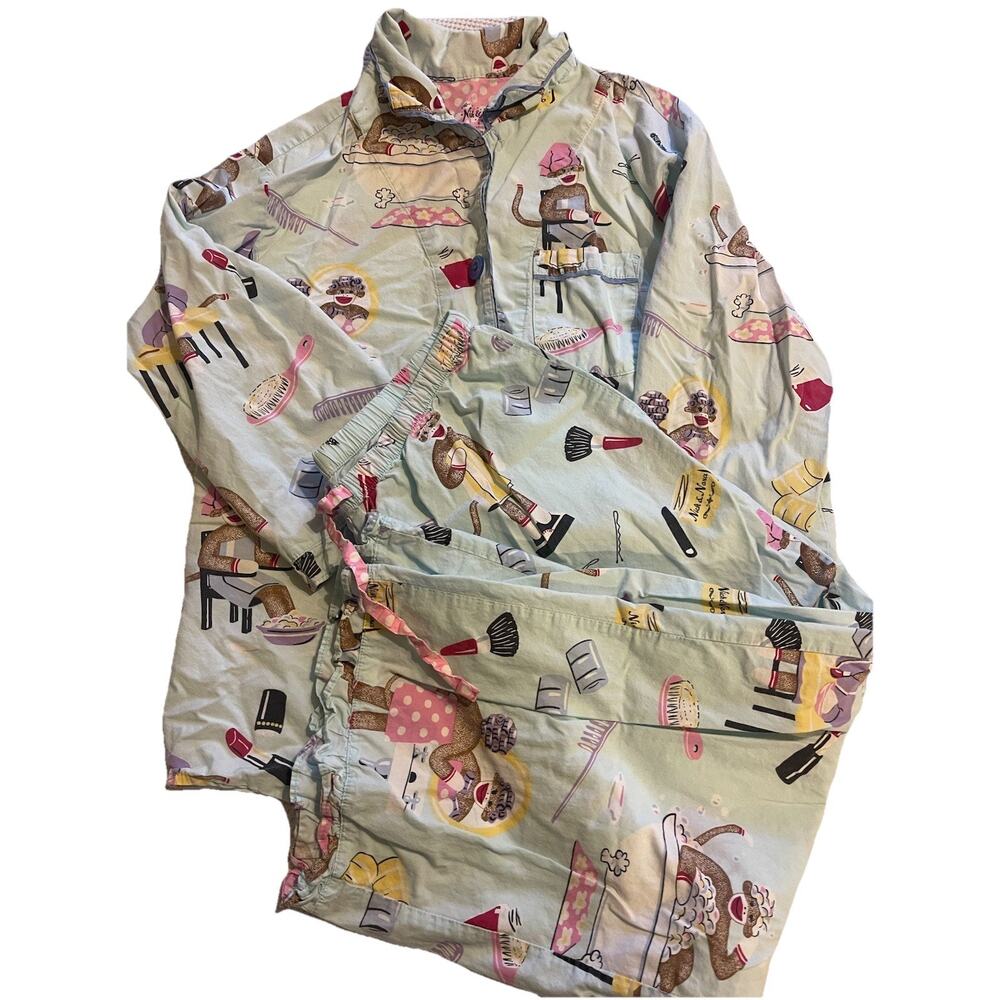 Nick & Nora 100% Cotton Sleepwear Pajama Set Sock Monkeys Bath S